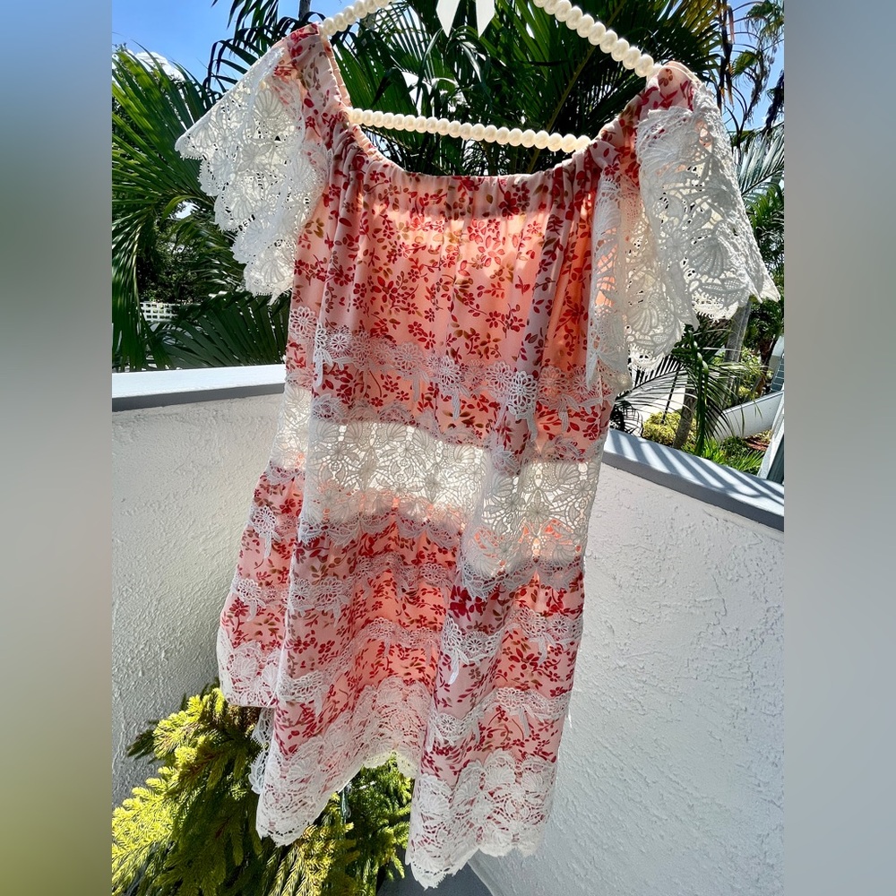 For Love & Lemons Baby Doll Mini Dress Ivory Lace & Pink Sz M Excellent Cond